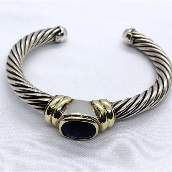 David Yurman Twisted Cable Cuff Bracelet 925 Silver & 14k Gold Amethyst - Picture 11 of 12
